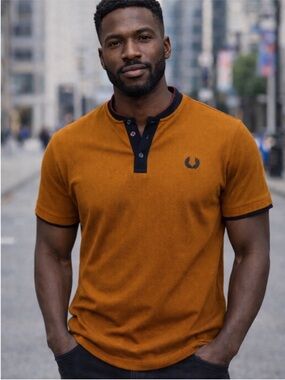 Nick Danger Short-Sleeve‎ Henley Polo Shirt - Burnt Orange with Contrast Trim